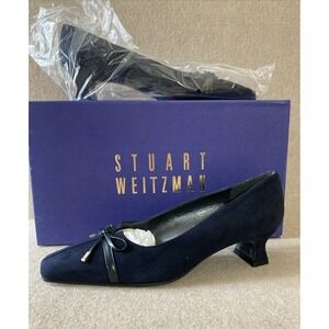 Stuart Weitzman Suede kitten heel Shoe Sz 35 New Navy Bowlittle Designer Luxury